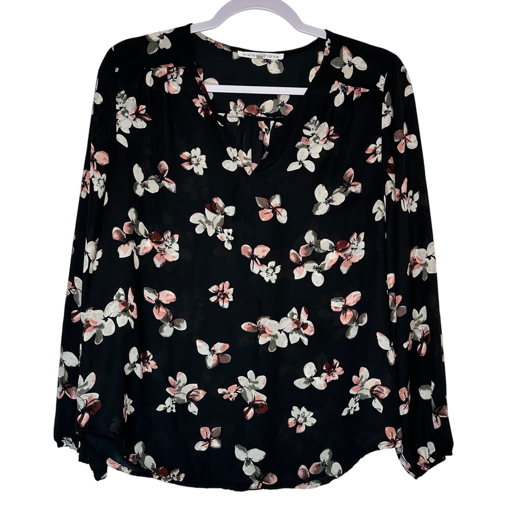Violet + Claire Black Floral Split Neck‎ Long Sleeve Blouse Size M Petal Print